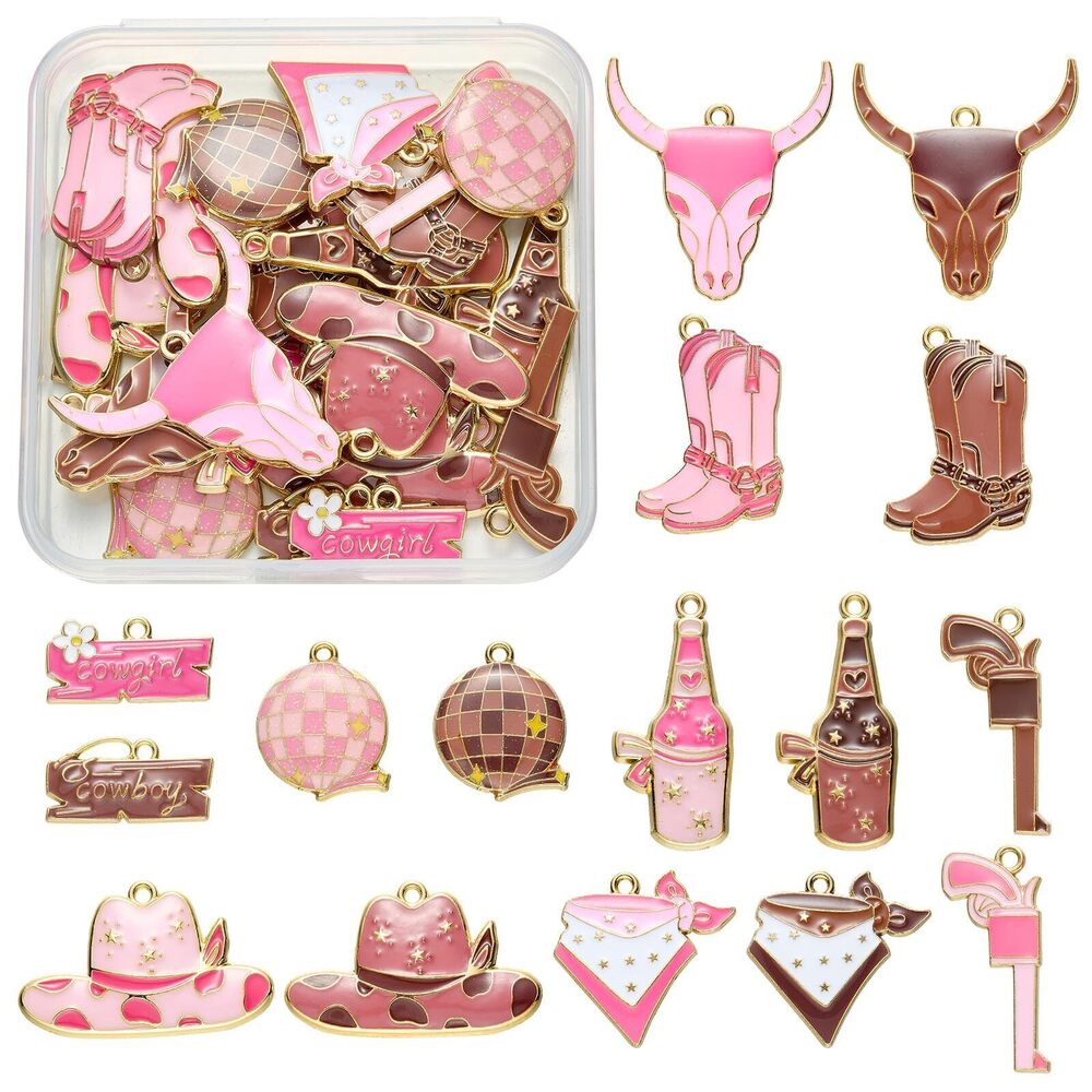 5493 32Pcs 16Styles Pink Western Themed Charms for Jewelry Making Brown